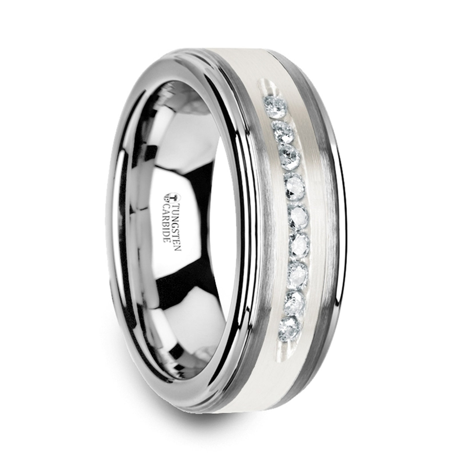 Men's Tungsten Wedding Band With Silver Inlay & 9 Diamonds - Etsy Men's Tungsten Wedding Band With Silver Inlay & 9 Diamonds - Etsy
