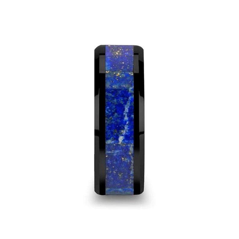 Blue Lapis Lazuli Inlaid Black Ceramic Men/'s Wedding Band with Personalized Engraving