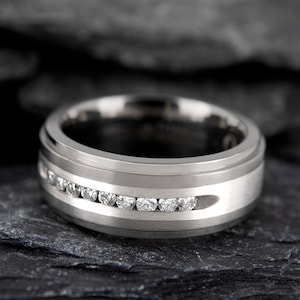Diamond & Silver Inlaid Titanium Men&#39;s Wedding Band with Personalized Engraving