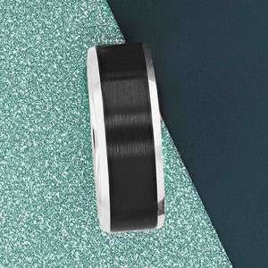 Silver & Black Titanium Men&#39;s Wedding Band with Personalized Engraving