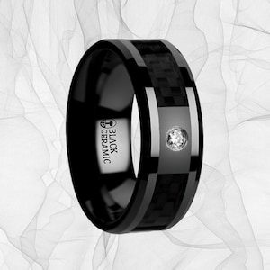 Men’s Black Ceramic Diamond Wedding Band with Black Carbon Fiber Inlay and Personalized Engraving