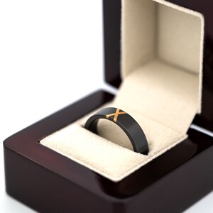 14k Yellow Gold X Shaped Crossed Inlay Zirconium Men&#39;s Wedding Band, Black and Gold Men&#39;s Ring, Unique Men&#39;s Wedding Ring
