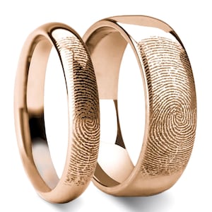 Custom Fingerprint Rose Gold Tungsten Couple&#39;s Matching Wedding Band Set, Fingerprint Rings for Couples, Custom Couple&#39;s Rings