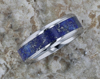 Tungsten Men's Wedding Band with Blue Lapis Lazuli Inlay & Personalized Engraving