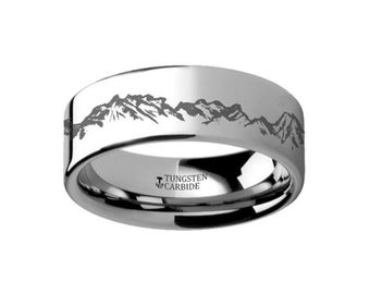 Mountain Range Engraved Tungsten Wedding Band with Personalized Engraving