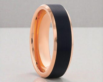 Aliança masculina em tungstênio preto e ouro rosa com gravação personalizada, anel de casamento masculino em ouro rosa e preto, anel gravado personalizado para homens.