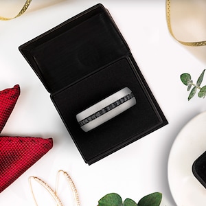 Gunmetal Tungsten Men&#39;s Wedding Band with Black Sapphires & Personalized Engraving