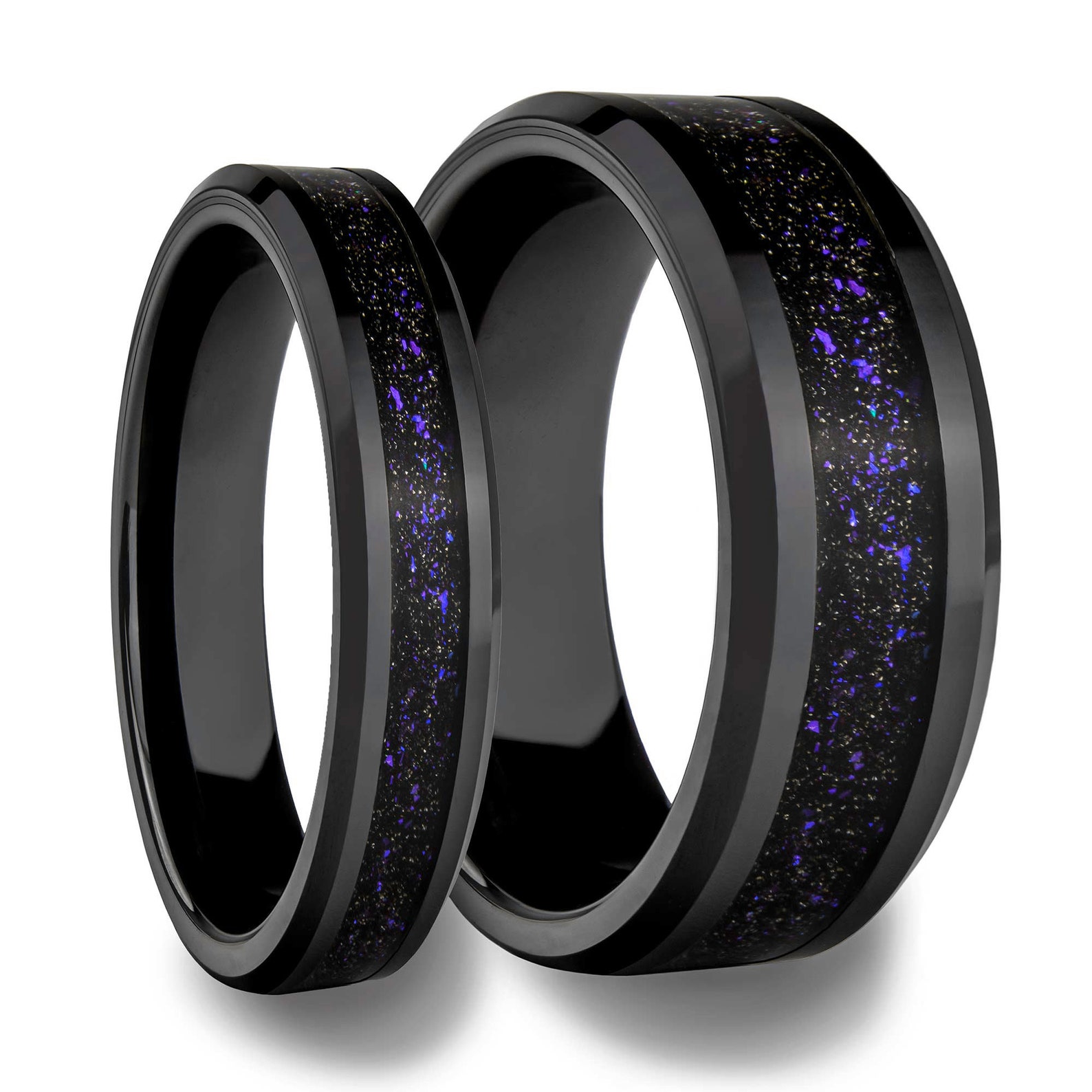 Couple's Purple Galaxy Matching Black Ceramic Wedding Ring Set, Unique ...