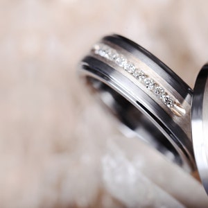 Nine Diamond Tungsten Men&#39;s Wedding Band with Silver Inlay & Personalized Engraving, Customized Men&#39;s Diamond Wedding Band