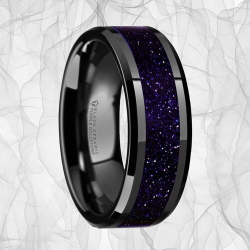 Black Ceramic Wedding Ring With Purple Goldstone Inlay and Etsy