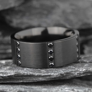 Black Titanium Men&#39;s Wedding Band with Black Sapphires & Personalized Engraving