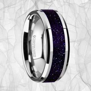 Tungsten Wedding Ring with Purple Goldstone Inlay & Personalized Engraving