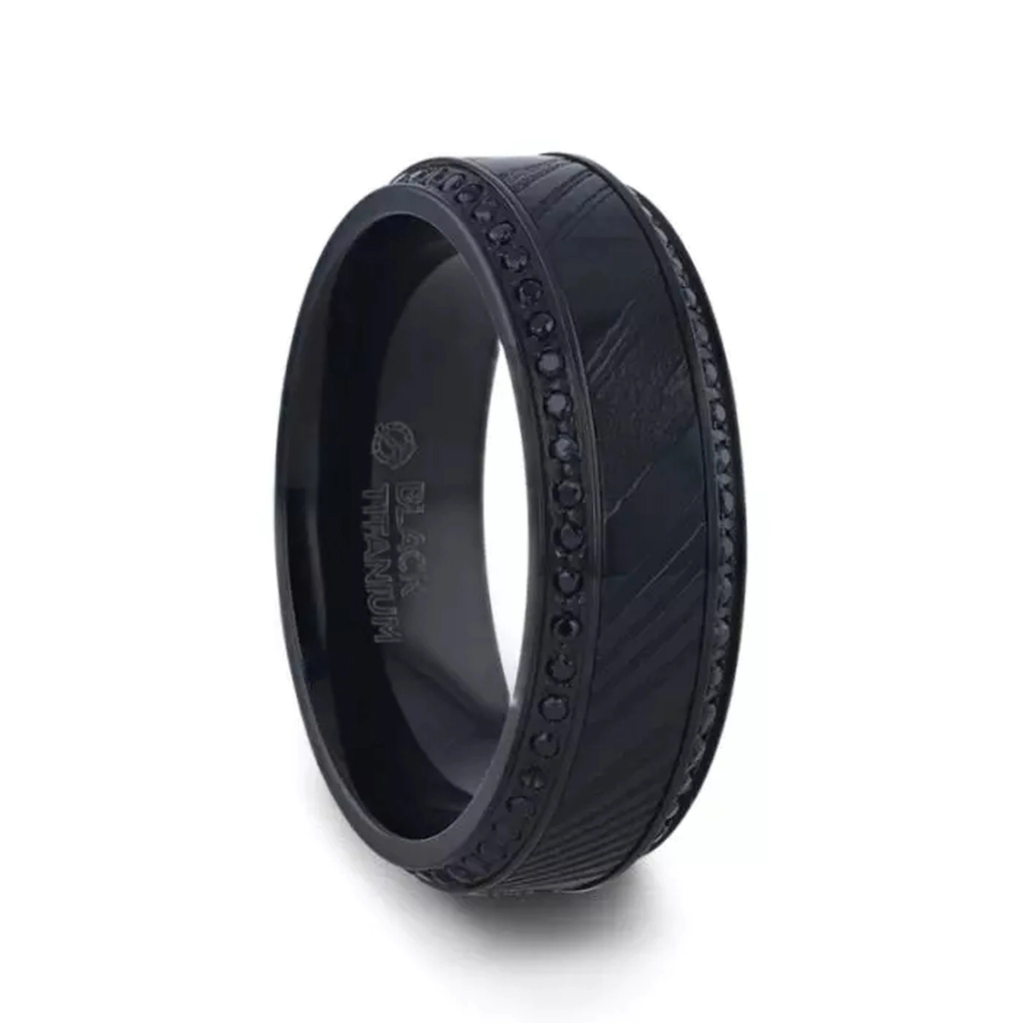 Damascus Steel Inlaid Titanium Men's Wedding Band with Black Sapphires, Custom Engraved Ring, Titanium Men Wedding Ring, Black Sapphire Ring