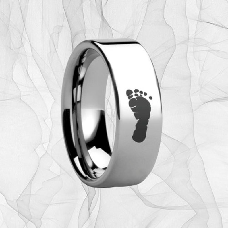 Footprint Engraved Tungsten Ring Tungsten Wedding Band with Personalized Engraving