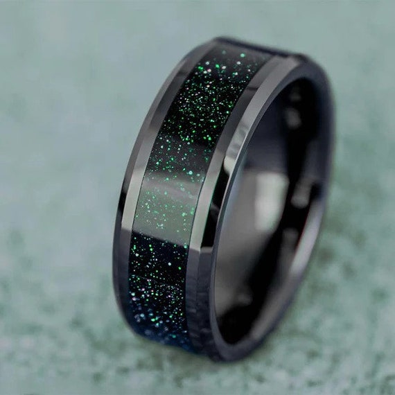 Green Goldstone Inlaid Black Ceramic Men s Wedding Ring With