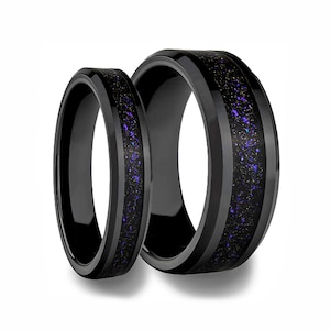 Couple&#39;s Purple Galaxy Matching Black Ceramic Wedding Ring Set, Unique Wedding Bands for Couples, Couples Ring Set, Ceramic Matching Rings