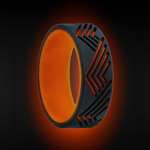 Orange & Black Glow in the Dark Zirconium Men&#39;s Wedding Band with Geometric Mountains Cutout Pattern, Unique Men&#39;s Ring, Glow Ring for Men