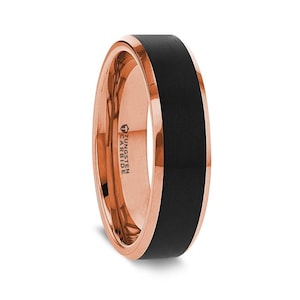Rose Gold & Black Tungsten Men&#39;s Wedding Band with Personalized Engraving, Men&#39;s Black Rose Gold Wedding Ring, Custom Engraved Ring for Men