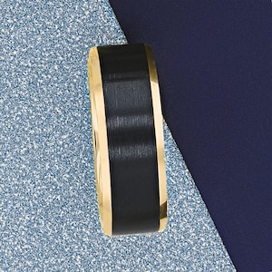 Yellow Gold & Black Tungsten Men&#39;s Wedding Band with Personalized Engraving