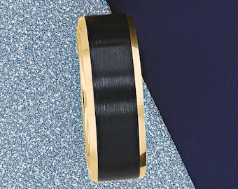 Yellow Gold & Black Tungsten Men's Wedding Band with Personalized Engraving