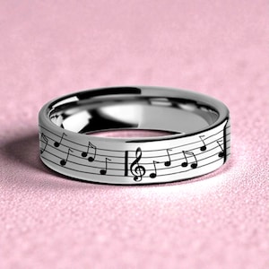 Anillo de bodas de tungsteno con notas musicales y clave de sol para mujer, personalizado.