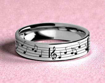 Music Notes Treble Clef Women's Tungsten Wedding Band, Personalized Women's Ring