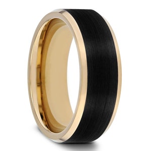 Men&#39;s Wedding Band, Yellow Gold & Black Tungsten Ring with Personalized Engraving