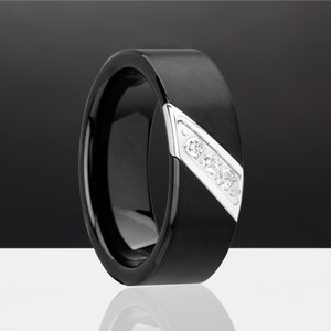 Diagonal Diamonds & Sterling Silver Black Tungsten Men's Wedding Band with Personalized Engraving