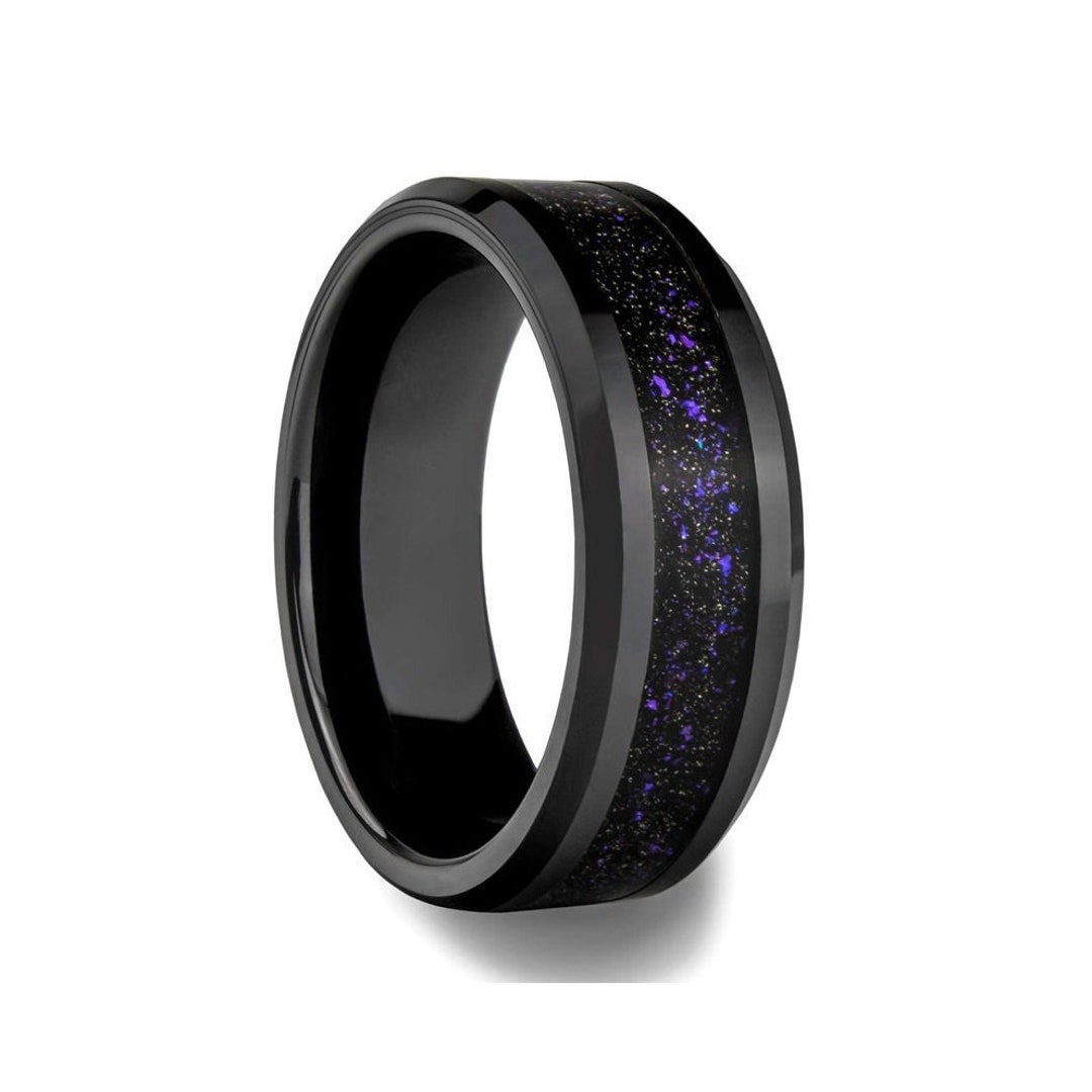 Black Ceramic Men's Wedding Band With Purple Galaxy Inlay, Black ...