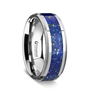 Lapis Lazuli Inlaid Titanium Men&#39;s Wedding Band with Personalized Engraving
