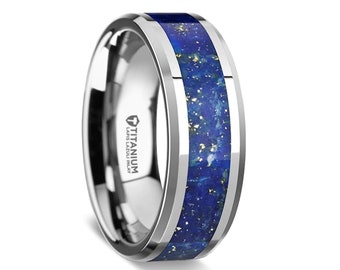 Lapis Lazuli Inlaid Titanium Men's Wedding Band with Personalized Engraving