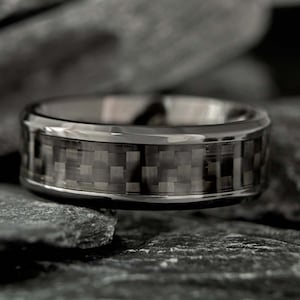 Black Carbon Fiber & Black Titanium Men’s Wedding Band, Men&#39;s Black Wedding Ring, Unique Carbon Fiber Ring for Men