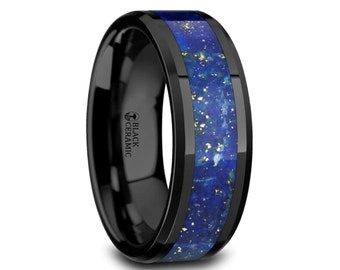 Blue Lapis Lazuli Inlaid Black Ceramic Men's Wedding Band with Personalized Engraving