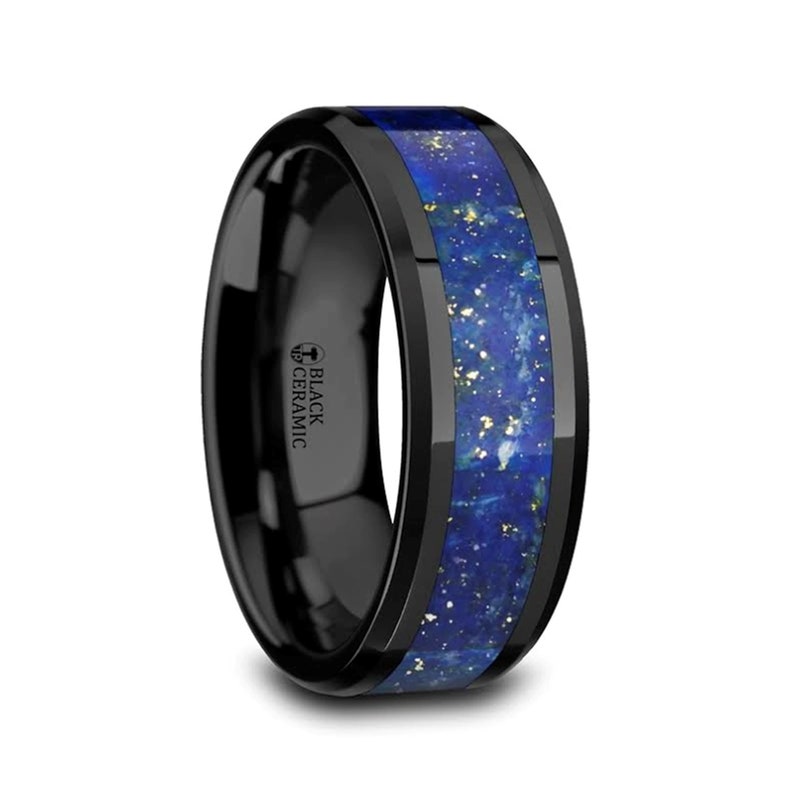 Blue Lapis Lazuli Inlaid Black Ceramic Men/'s Wedding Band with Personalized Engraving