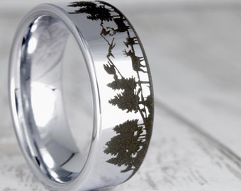 Deer & Mountain Range Engraved Tungsten Men's Wedding Band with Personalized Engraving