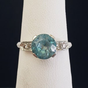 Estate Art Deco 14K Solid Gold 1.5ct Blue Topaz & Diamond Statement Ring Mid Century White Gold Gift for Wife Her Size 6 E29