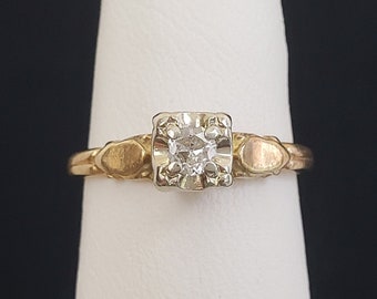 Estate 14K Solid Gold 3mm Diamond Engagement Wedding Ring .11 Carat Size 4 1/4 Women's Ring Sweetheart Mid Century E95