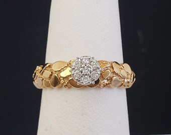 Estate 10K Solid Yellow Gold Nugget Style Diamond Cluster Wedding Engagement Ring Genuine Prong Set Size 6 3/4 E76