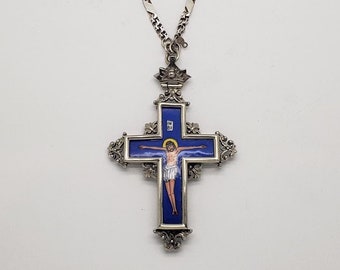 Cruz pectoral de esmalte cristiano ortodoxo de plata de ley tradicional y cadena Obispo Sacerdote Cristiano Religioso Cadena Fígaro de 50"
