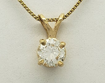 Estate 14K Gold 1/2 Carat Genuine Natural Diamond Engagement Necklace Pendant .5 Carat .5ct Solitaire Prong Mid Century Wedding Antique E96