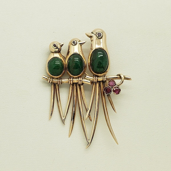 Antique 14K Rose Gold Emerald & Ruby 3 Birds Brooch Pin A53