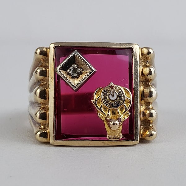 Vintage Men's 10K Gold Ruby & Diamond Elk's BPOE Ring