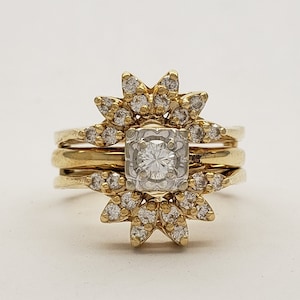 Estate 14K Yellow Gold Genuine 2/3ct Diamond Round Brilliant Cut Wedding Engagement Ring Bridal Set Size 8 E80