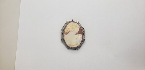 Antique Art Deco 14K White Gold Cameo Brooch Neck… - image 1