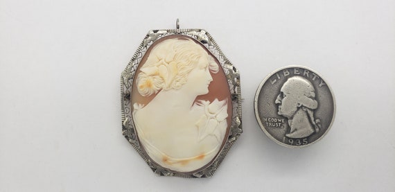 Antique Art Deco 14K White Gold Cameo Brooch Neck… - image 10