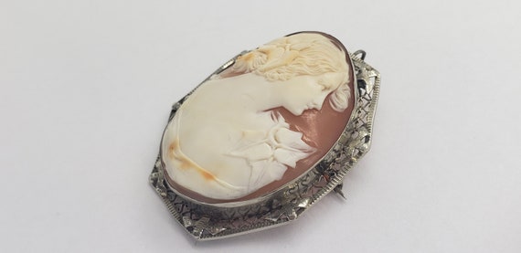 Antique Art Deco 14K White Gold Cameo Brooch Neck… - image 4