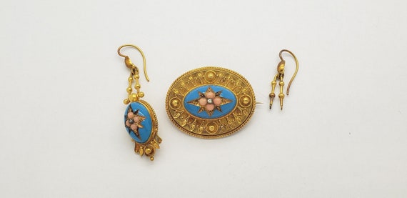 Victorian Etruscan 14K Gold, Diamond, Enamel & Co… - image 1