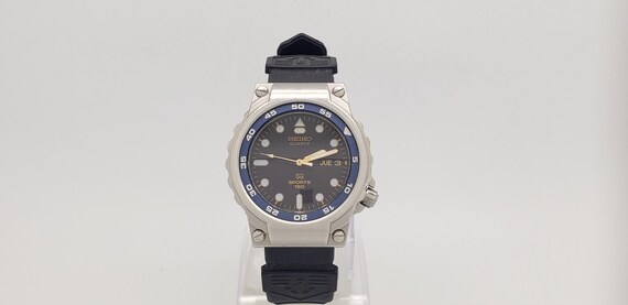 Vintage Men's Seiko 5H23 633H Quartz SQ Sports 150 633L Black Dial Day & Date Waterproof Wristwatch Tag Heuer Style Rubber Wrist Band K35