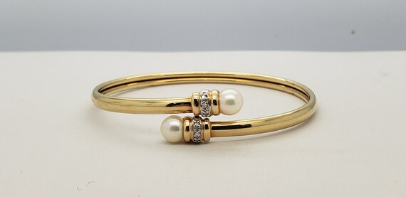 14K Solid Gold Pearl & Diamond Bangle Cuff Bracele
