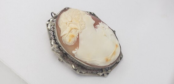 Antique Art Deco 14K White Gold Cameo Brooch Neck… - image 3